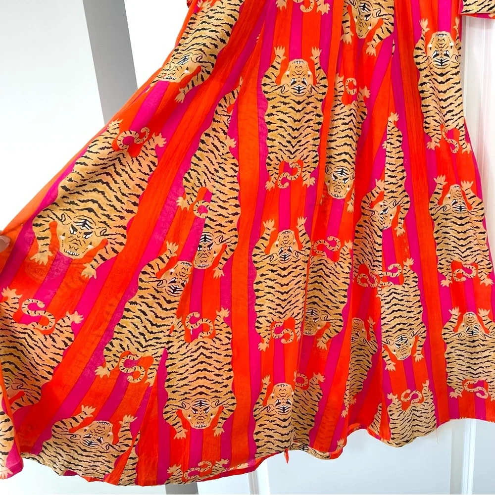 Guadalupe Luciana Tibet Tiger Stripes Hand Block Print Pure Indian Cotton Dress - Picture 6 of 16